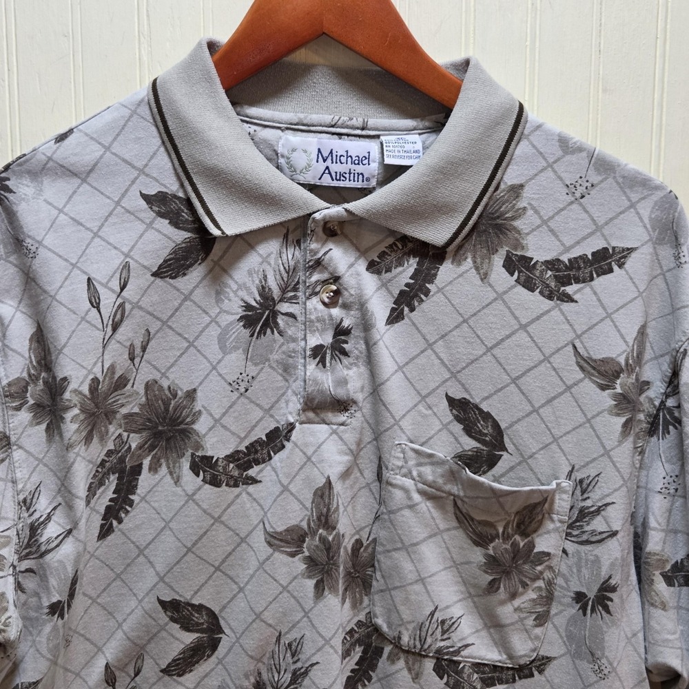 Michael Austin Polo Shirt Mens XL Gray Floral Pocket Knit Casual Top Tropical